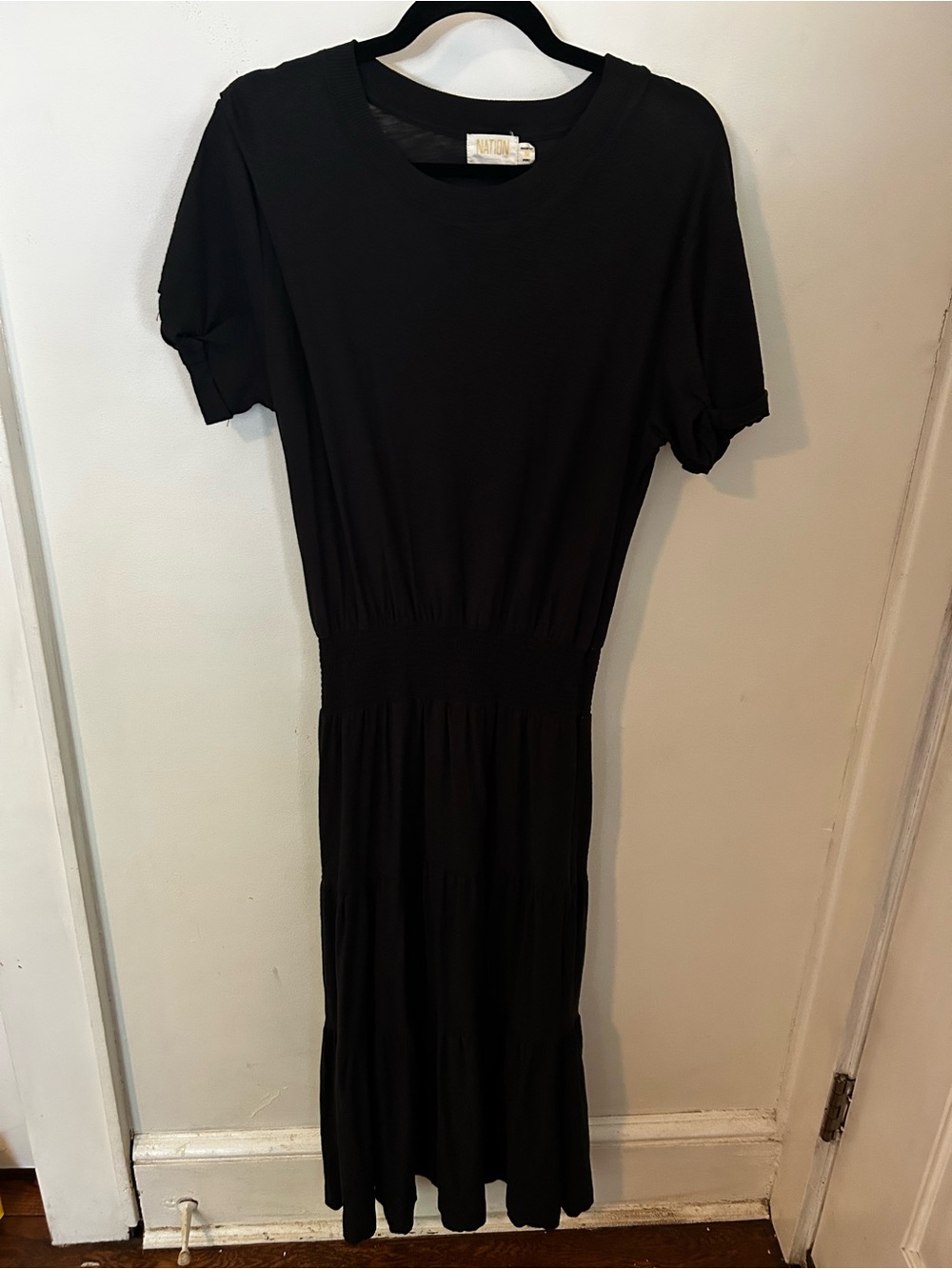Nation LTD Black Short-Sleeve Smocked-Waist Tiered Midi Dress